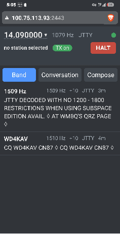 Phone remote: Band tab listing JTTY stations with offset, SNR and age