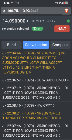 Phone remote: Conversation tab with a JTTY QSO